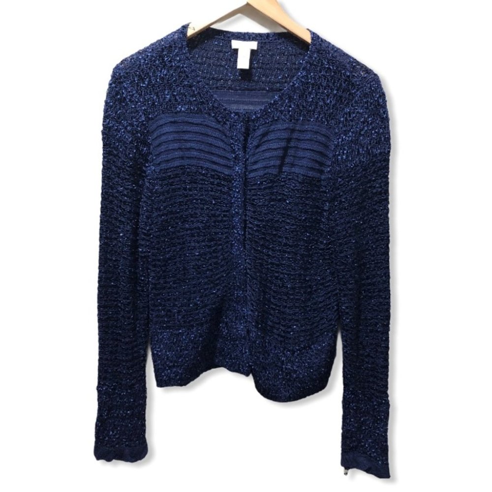 {Chico’s} Navy Yarn Knit Shine Cardigan Sweater